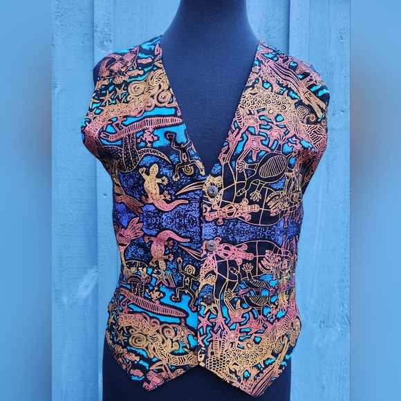 Jammin Hand Prints Hemp Aboriginal Vest Made in Coolum Bch Australia Size Small - Picture 3 of 10